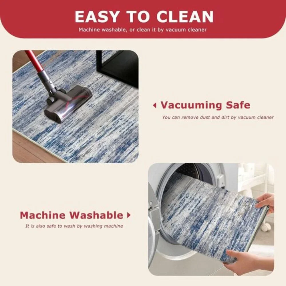 New Modern Abstract 2x3 Entryway Rug, Washable Non-Slip Faux Wool Mat, Grey-Blue